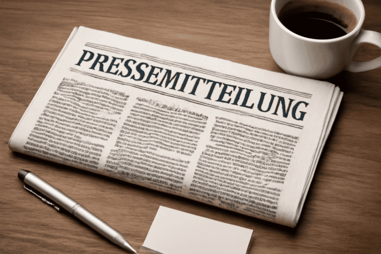 Eine Zeitschrift mit dem Titel Pressemitteilung mit einer Tasse Kaffe und einem Kugelschreiber und einem weißem Blatt