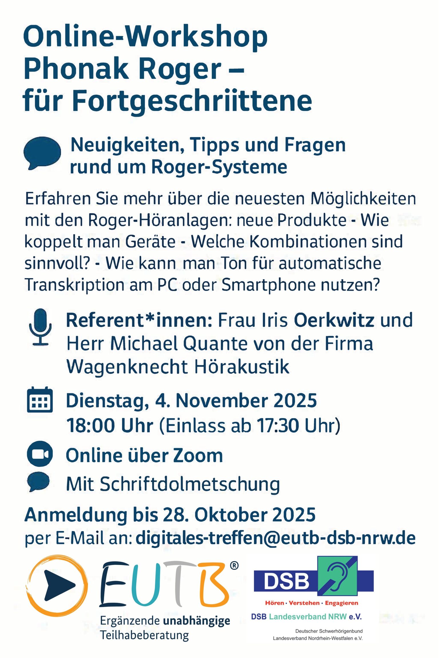 Flyer des Online-Workshop zum Thema Phonak Roger