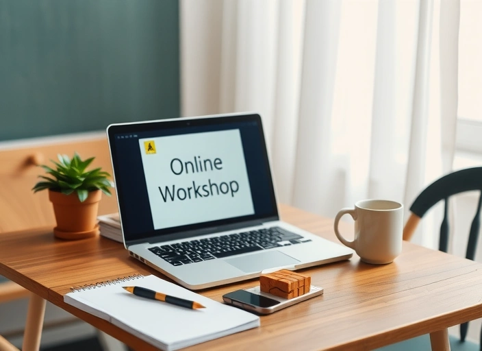 Laptop auf Holztisch mit Bildschirmtext 'Online Workshop', daneben Notizblock, Stift, Smartphone, Kaffeetasse und Pflanze