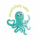Türkisfarbener Oktopus mit großen Augen und lächelndem Mund, eine Tentakel formt ein Herz, darüber gelber Text 'DEAFinitely LOVE'.