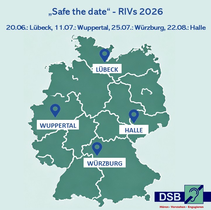 Karte von Deutschland mit Markierungen und Beschriftungen für Lübeck, Wuppertal, Würzburg und Halle. Dazu der Text "Save the date - RIVs 2026".