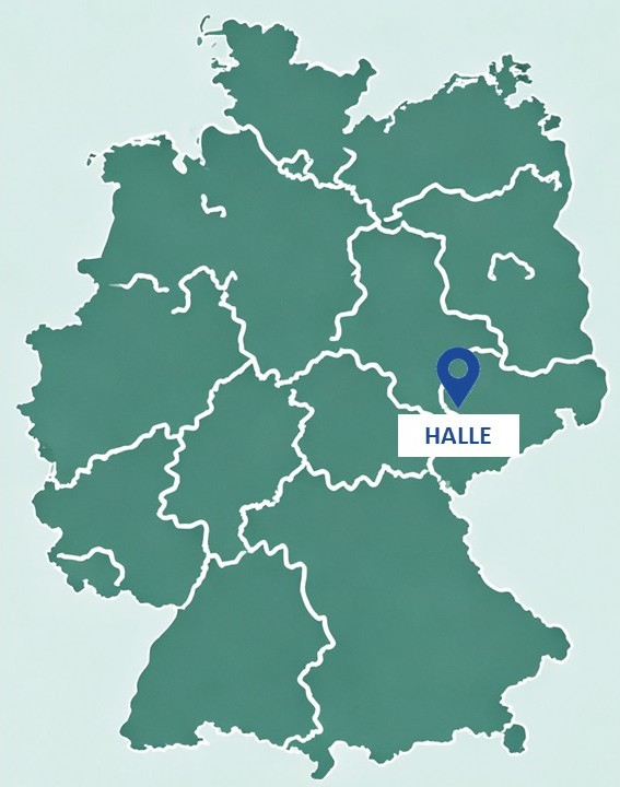 Karte von Deutschland mit Markierung und Beschriftung 'Halle'.