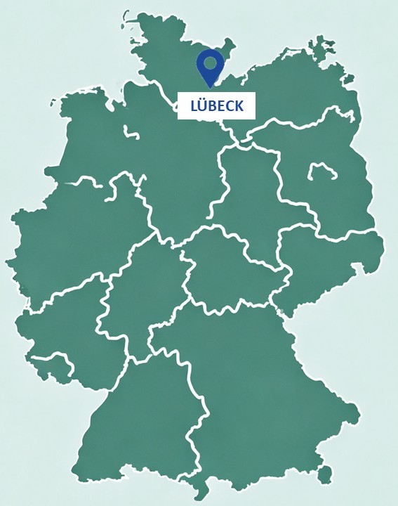 Karte von Deutschland mit Markierung und Beschriftung 'Lübeck'.