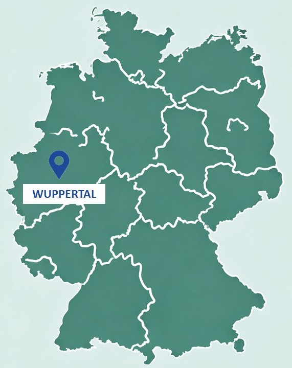 Karte von Deutschland mit Markierung und Beschriftung 'Wuppertal'.