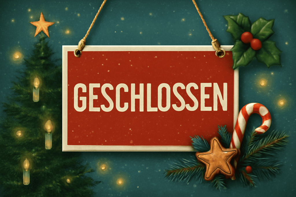 Rotes Schild mit der Aufschrift 'GESCHLOSSEN', umgeben von Tannenzweigen, Lebkuchenstern, Zuckerstange und Kerzenlicht.