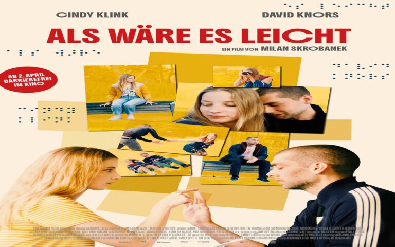 Filmplakat mit dem Titel 'ALS WÄRE ES LEICHT' von Milan Skrobanek, zeigt mehrere Fotos von Menschen in Alltagssituationen und zwei Personen, die sich mit den Händen berühren.