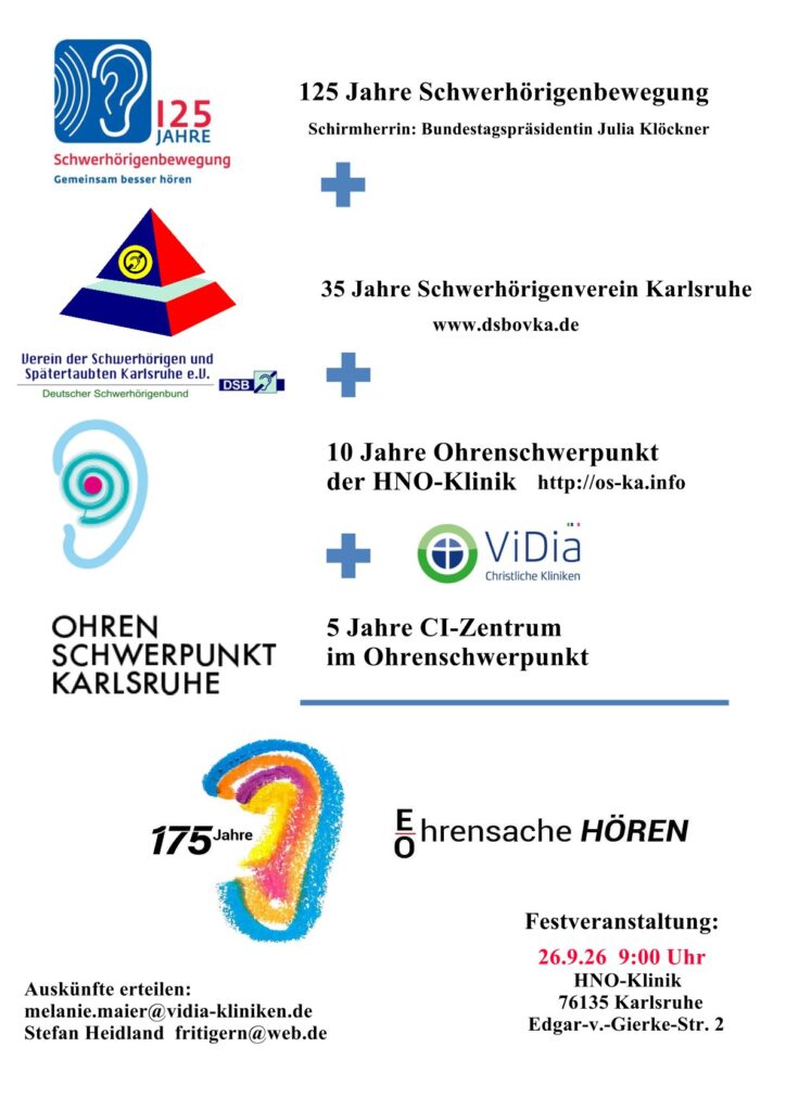 Vier farbige Logos und Text zu Jubiläen der Schwerhörigenbewegung Karlsruhe mit einer stilisierten, bunten Ohrzeichnung.