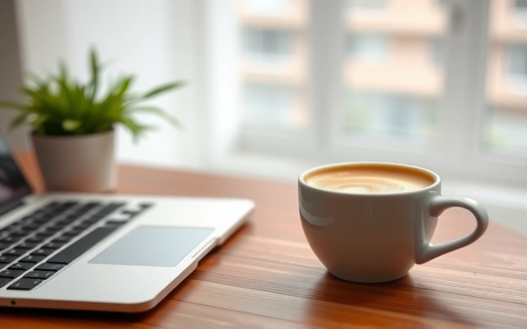 Weiße Tasse mit Cappuccino neben geöffnetem Laptop auf Holztisch vor Fenster mit unscharfem Hintergrund und grünem Pflanzentopf.