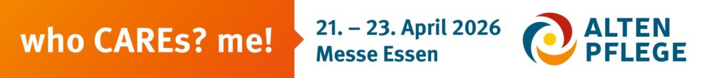 Banner mit Text 'who CAREs? me!' und '21. - 23. April 2026 Messe Essen' neben dem Logo der Altenpflege