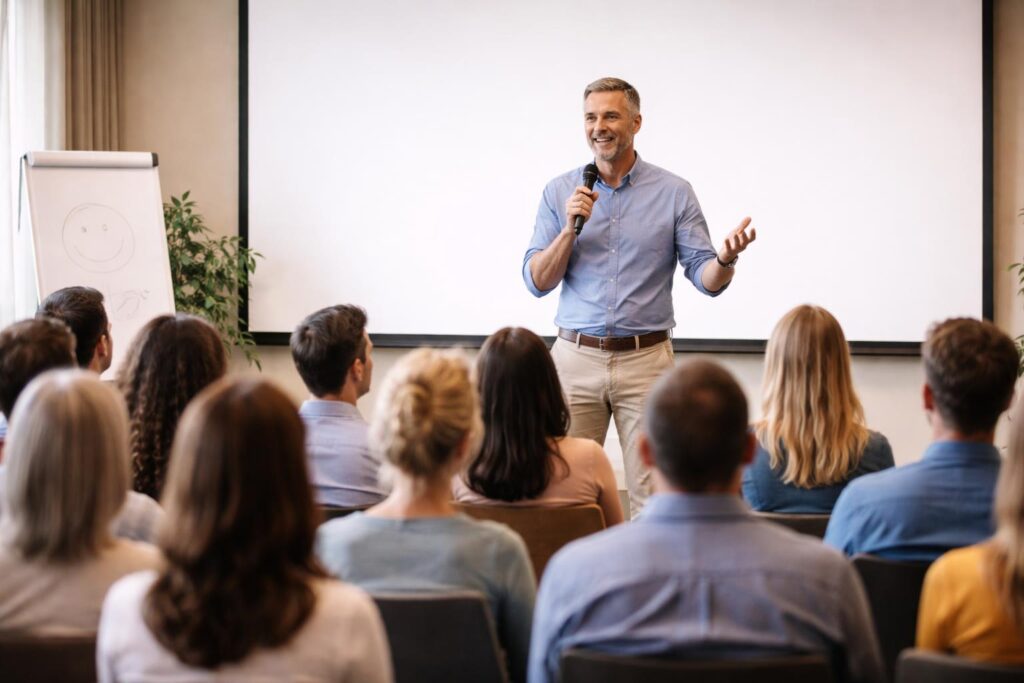Mann mit Mikrofon steht vor Publikum und hält Vortrag in einem Raum mit Flipchart und Leinwand.