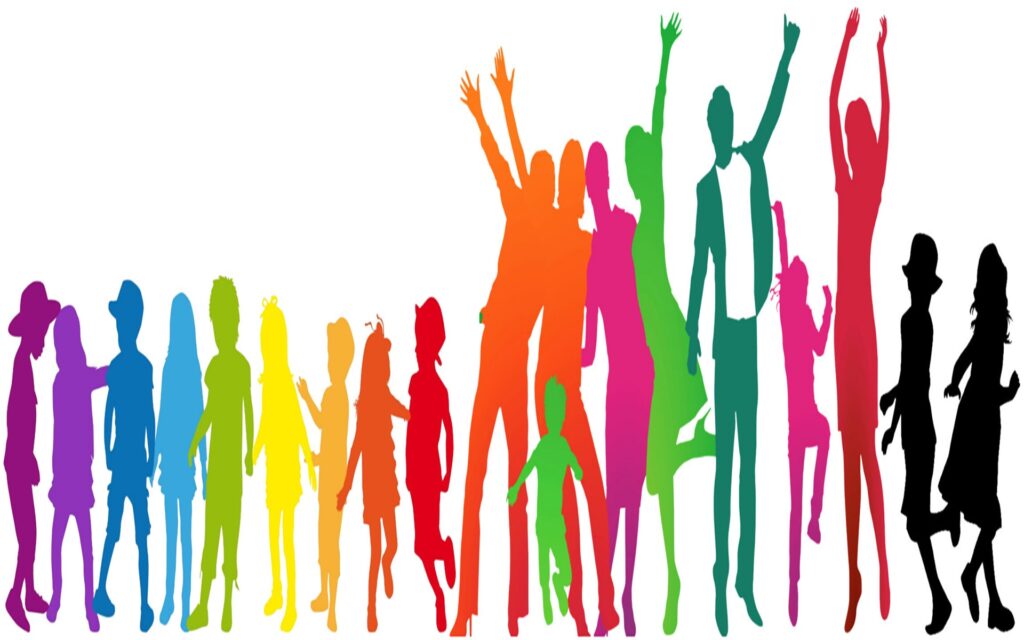 Bunte Silhouetten von Kindern und Erwachsenen in verschiedenen Posen, von links nach rechts in Regenbogenfarben angeordnet.