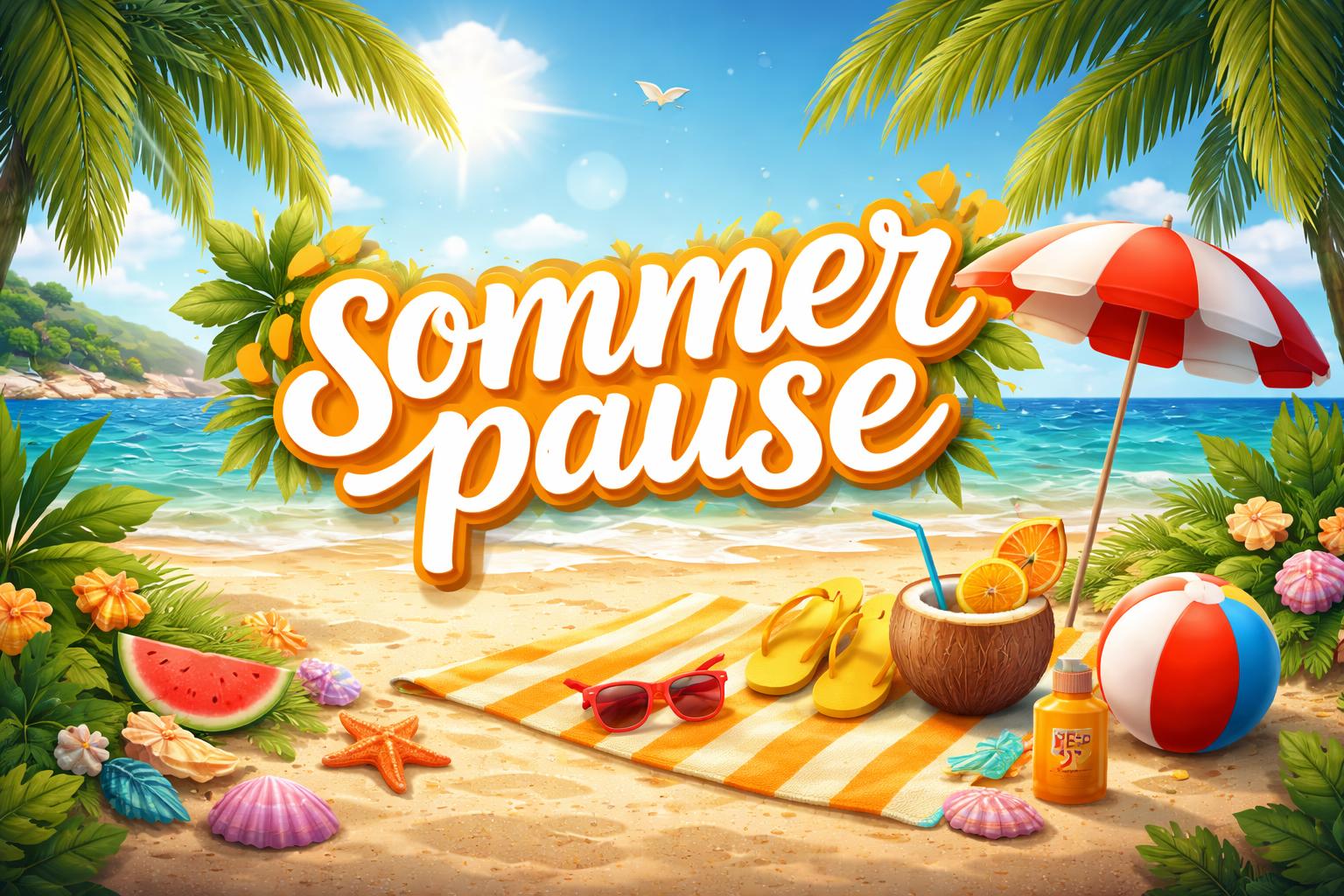 Strand mit Sonnenliegen, Sonnenschirm, Strandtuch, Sonnenbrille, Flip-Flops, Kokosnussgetränk, Strandball, Muscheln und dem Schriftzug 'Sommerpause'