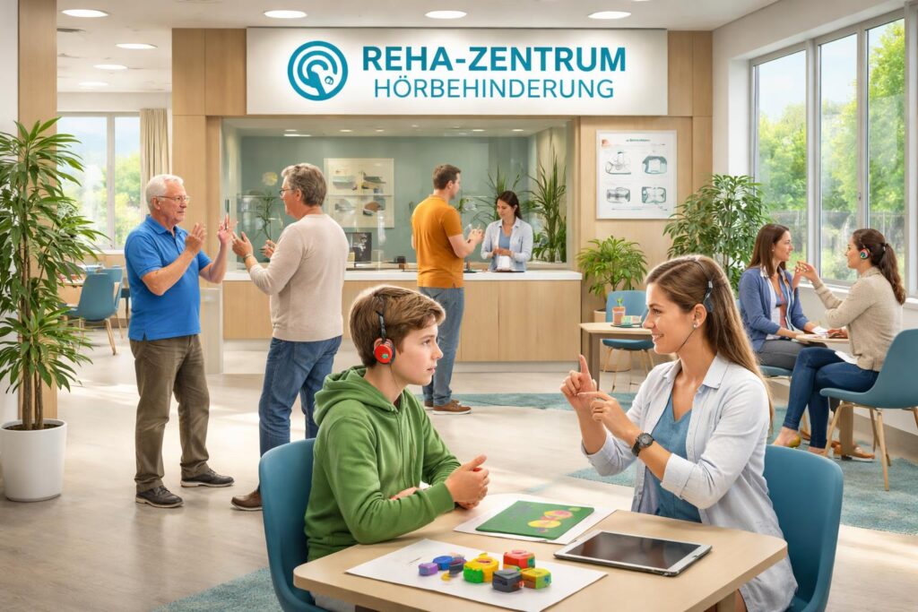 Innenraum eines Reha-Zentrums für Hörbehinderung mit mehreren Personen, die Gebärdensprache verwenden, und einem Empfangstresen im Hintergrund.