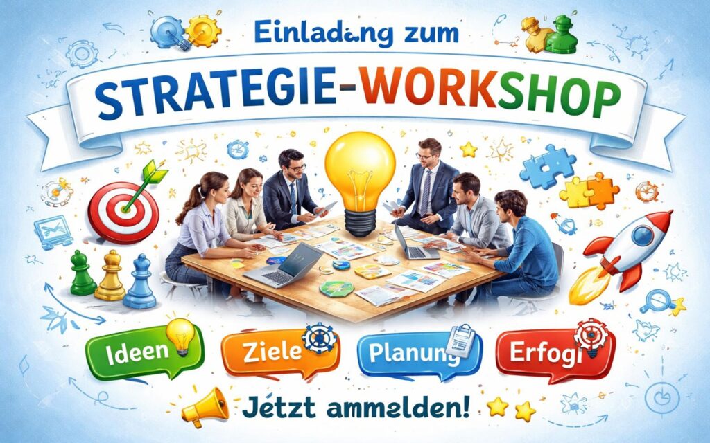 Sechs Personen sitzen an einem Tisch mit Laptops und Papieren, über ihnen ein Banner mit der Aufschrift 'Einladung zum STRATEGIE-WORKSHOP' und darunter bunte Sprechblasen mit den Worten 'Ideen', 'Ziele', 'Planung' und 'Erfolg'.
