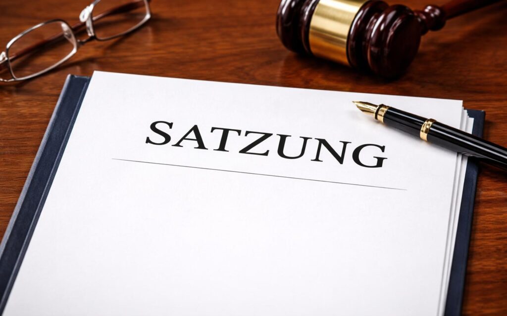 Schreibtisch mit einem Dokument mit der Überschrift 'SATZUNG', einem Füllfederhalter, einer Brille und einem Richterhammer.