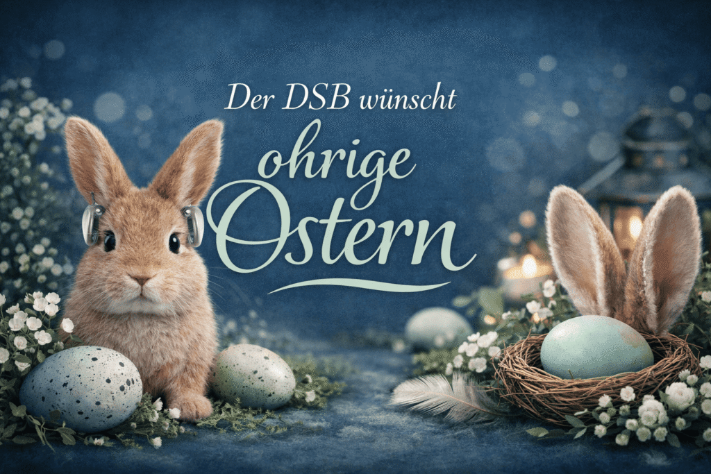 Zwei Kaninchen mit Hörgeräten sitzen neben Ostereiern und Blumen vor einem unscharfen Hintergrund mit Laterne. Dazu der Text Der DSB wünscht ohrige Ostern.