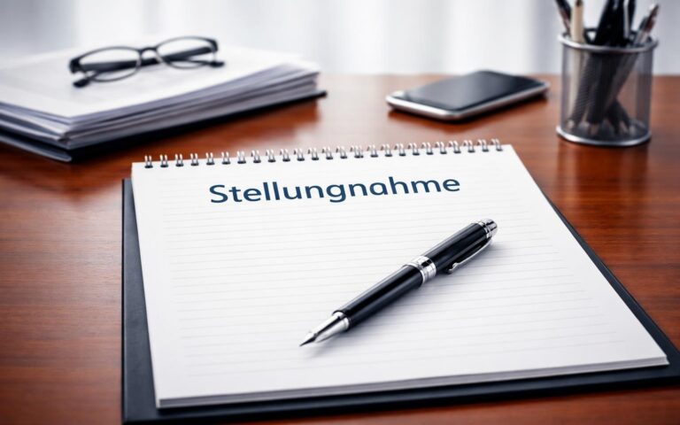 Schreibblock mit der Überschrift 'Stellungnahme' und einem Füllfederhalter darauf auf einem Holztisch mit Brille, Smartphone und Stiftehalter im Hintergrund.