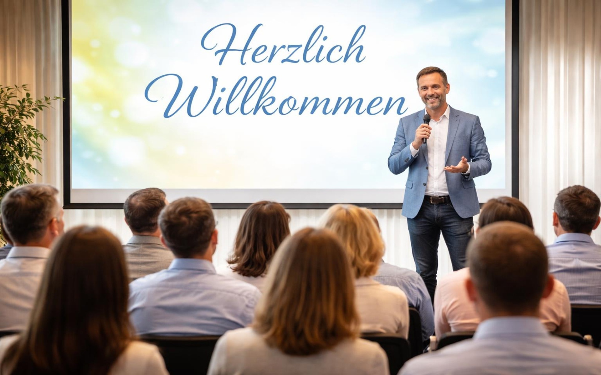 Ein Mann im Anzug hält ein Mikrofon und spricht vor einem Publikum vor einer Leinwand mit dem Schriftzug 'Herzlich Willkommen'.