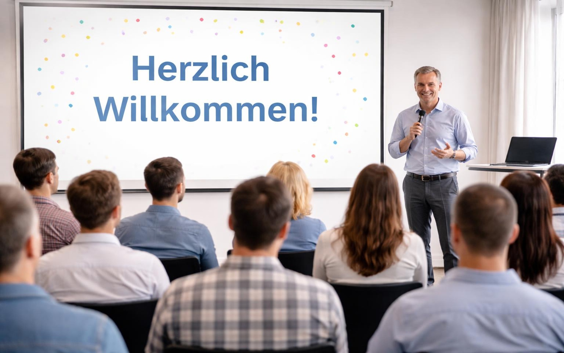 Ein Mann steht mit Mikrofon vor einem Bildschirm mit der Aufschrift 'Herzlich Willkommen' und spricht zu einem Publikum.