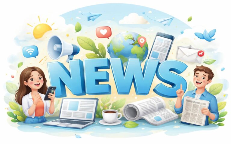 Zeichnung von zwei Personen mit Smartphone und Zeitung neben großem Schriftzug »NEWS«.