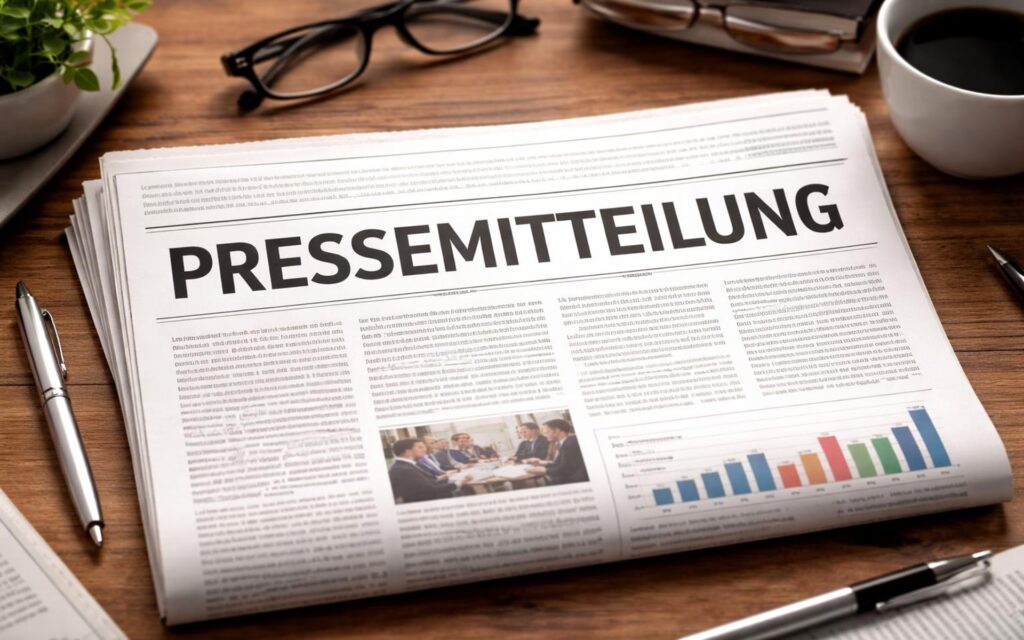 Zeitung mit der Überschrift 'PRESSEMITTEILUNG', daneben Brille, Stifte, Pflanze und Kaffeetasse auf Holztisch.