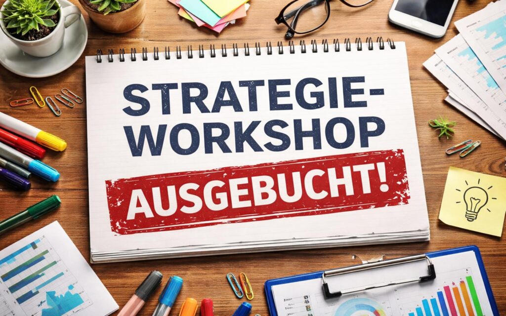 Notizblock mit der Aufschrift 'STRATEGIE-WORKSHOP AUSGEBUCHT' auf einem Holztisch mit Stiften, Büroklammern, Smartphone, Pflanze und Diagrammen.