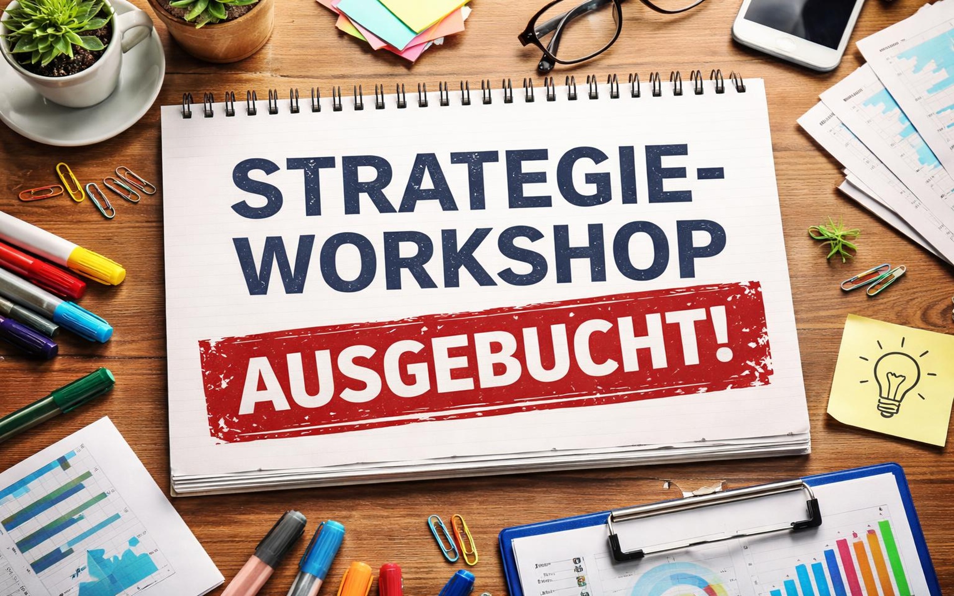 Notizblock mit der Aufschrift 'STRATEGIE-WORKSHOP AUSGEBUCHT' auf einem Holztisch mit Stiften, Büroklammern, Smartphone, Pflanze und Diagrammen.