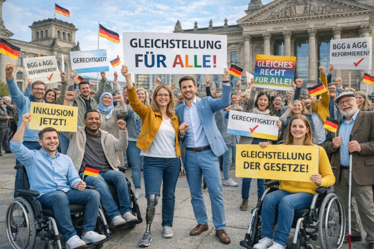Demonstranten zum AGG stehen vorm Reichstag und halten Plakate hoch