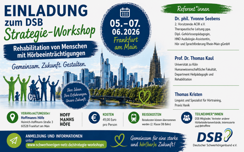 Banner mit Einladung zum DSB Strategie-Workshop 05.-07.06.2026 in Frankfurt am Main mit Silhouette der Frankfurter Skyline, Veranstaltungsort, Kosten, Referenten mit Porträts und Kontakthinweisen.