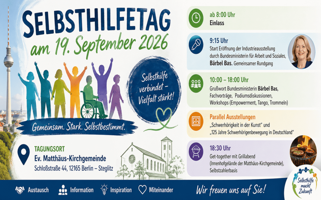 Banner mit der Aufschrift 'Selbsthilfetag am 19. September 2026' und einer farbigen Silhouettengruppe mit erhobenen Armen vor einer stilisierten Kirche, dazu Veranstaltungsdetails und Uhrzeiten.