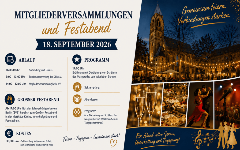 Einladung zur Bundesversammlung des DSB und Festabend am 18. September 2026 mit Ablauf, Programm und Kostenangaben sowie Fotos von einem beleuchteten Kirchturm, Sektgläsern, einem festlich gedeckten Tisch und tanzenden Menschen.