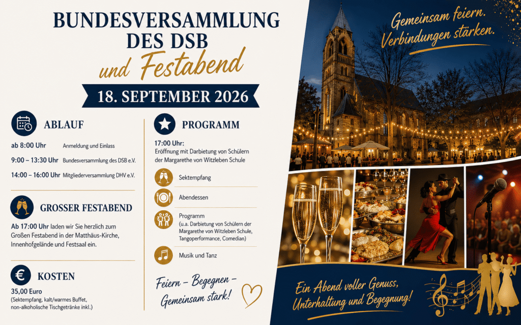 Einladung zur Bundesversammlung des DSB und Festabend am 18. September 2026 mit Ablauf, Programm und Kostenangaben sowie Fotos von einem beleuchteten Kirchturm, Sektgläsern, einem festlich gedeckten Tisch und tanzenden Menschen.