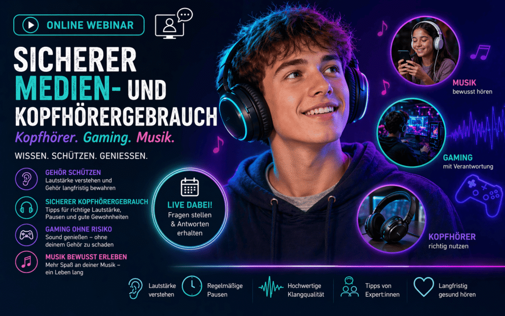 Porträt einer Person mit Kopfhörern um den Hals vor blau-schwarzem Hintergrund und eingeblendeten Texten und Symbolen zu sicherem Medien- und Kopfhörergebrauch.
