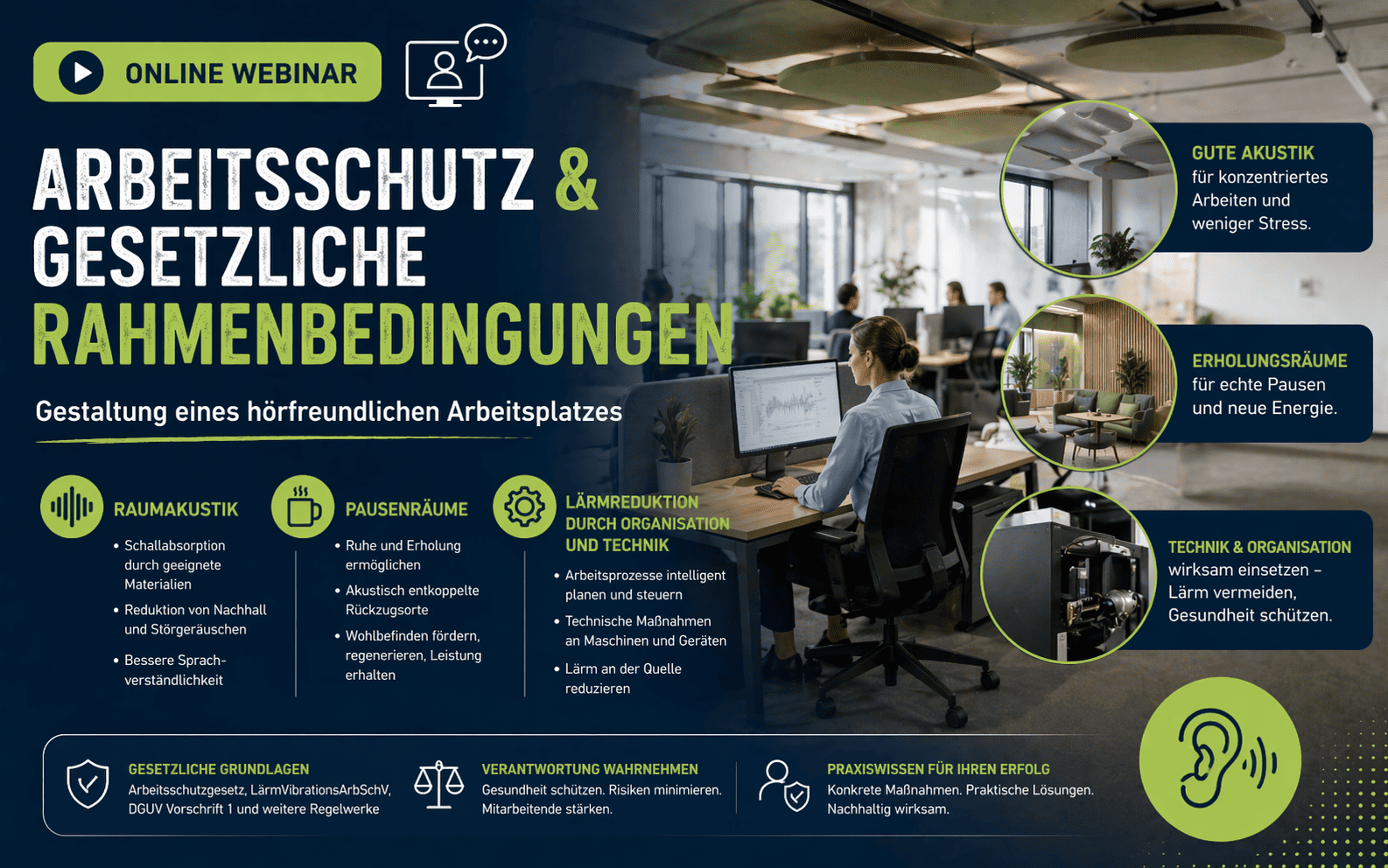 Webinar-Flyer mit dem Titel Arbeitsschutz & gesetzliche Rahmenbedingungen zeigt Büroarbeitsplatz mit mehreren Personen und Icons zu Raumakustik, Pausenräumen, Lärmreduktion, gesetzlichen Grundlagen, Verantwortung und Praxiswissen.
