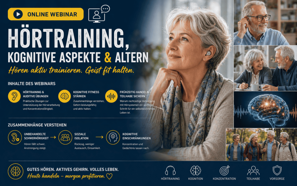 Laptopbildschirm mit Webinar zu Hörtraining, kognitiven Aspekten und Altern, gezeigt werden Text und Grafiken, im Vordergrund eine Person mit Notizblock.