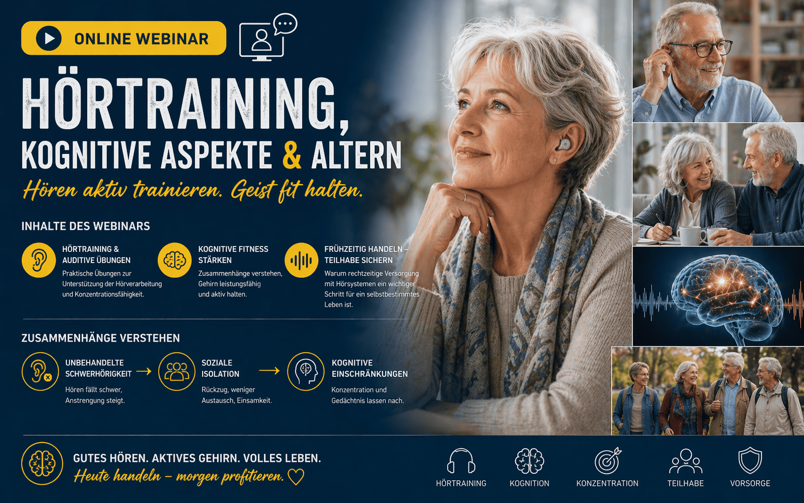 Collage mit älterer Frau, mehreren kleineren Bildern von älteren Menschen in Gesprächen und einer grafischen Darstellung eines Gehirns, daneben Text zu einem Online-Webinar über Hörtraining, kognitive Aspekte und Altern mit Stichpunkten zu Inhalten und Zielen.