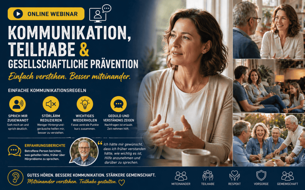Grafik mit dem Titel 'Kommunikation, Teilhabe & gesellschaftliche Prävention' und Untertitel 'Einfach verstehen. Besser miteinander.' mit Symbolen und kurzen Texten zu Kommunikationsregeln sowie vier Fotos von Menschen in Gesprächssituationen.
