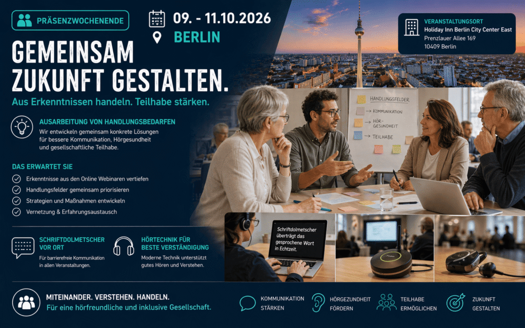 Eine Infografik mit blauem Hintergrund zeigt eine Gruppe von Menschen an einem Konferenztisch, die sich unterhalten. Im Hintergrund ist der Berliner Fernsehturm zu sehen. Oben stehen die Daten '09. - 11.10.2026' und der Ort 'Berlin'. Der Titel lautet: 'Gemeinsam Zukunft gestalten.' Darunter folgen mehrere Textblöcke mit Informationen zum Ablauf, zu den Erwartungen und zu unterstützenden Hilfsmitteln wie Schriftdolmetscher und Hörtechnik. Rechts oben befindet sich ein Kasten mit Veranstaltungsort und Adresse. Am unteren Rand sind vier Piktogramme für Kommunikation, Hörsysteme und Untertitelung abgebildet.