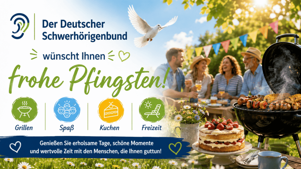 Eine Gruppe von vier Menschen sitzt an einem Holztisch im Freien und unterhält sich. Im Vordergrund steht ein Grill mit Grillgut, daneben ein gedeckter Tisch mit einer Sahnetorte, Erdbeeren und Blumen. Im Hintergrund hängen bunte Wimpelketten. Oben links befindet sich das Logo des Deutschen Schwerhörigenbundes mit einem stilisierten Ohr und der Text 'Der Deutscher Schwerhörigenbund wünscht Ihnen frohe Pfingsten!'. Darunter sind vier Piktogramme mit den Begriffen 'Grillen', 'Spaß', 'Kuchen' und 'Freizeit'. Am unteren Bildrand steht ein blauer Kasten mit weißem Text: 'Genießen Sie erholsame Tage, schöne Momente und wertvolle Zeit mit den Menschen, die Ihnen guttun!'