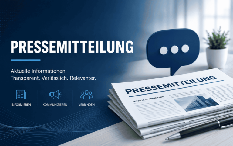 Im Vordergrund liegt eine Zeitung mit der Überschrift 'PRESSEMITTEILUNG' auf einem Tisch, daneben ein silberner Kugelschreiber. Im Hintergrund ist eine große Sprechblase mit drei weißen Punkten auf blauem Grund zu sehen. Links oben steht in großen Buchstaben 'PRESSEMITTEILUNG', darunter in kleinerer Schrift: 'Aktuelle Informationen. Transparent. Verlässlich. Relevanter.' Am unteren Bildrand befinden sich drei runde Symbole mit den Beschriftungen 'INFORMIEREN', 'KOMMUNIZIEREN' und 'VERBINDEN'. Das Farbschema ist überwiegend blau und weiß.