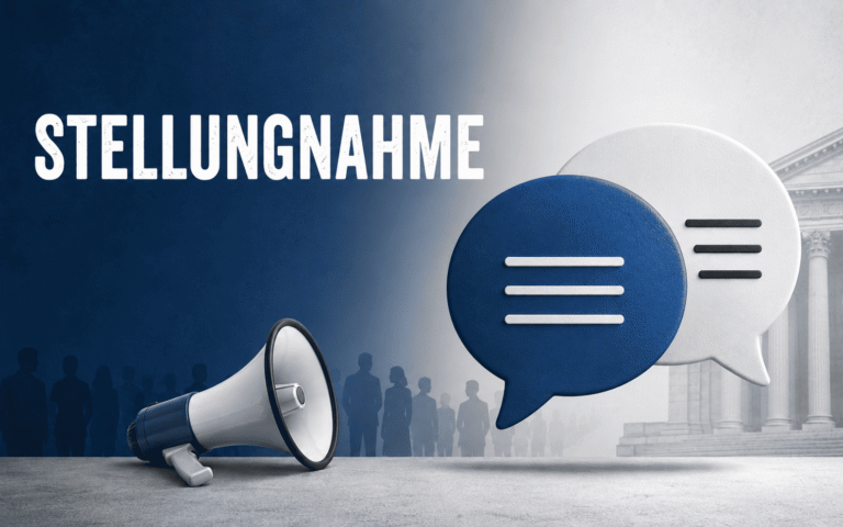 Links steht ein Megafon, daneben zwei Sprechblasen in Blau und Weiß mit stilisierten Linien als Textsymbol. Im Hintergrund sind schemenhafte Silhouetten von Menschen und rechts angedeutete Säulen eines Gerichtsgebäudes zu sehen. Oben links steht in großen weißen Buchstaben das Wort 'STELLUNGNAHME'. Die Farbgestaltung ist überwiegend in Blau-, Grau- und Weißtönen gehalten.