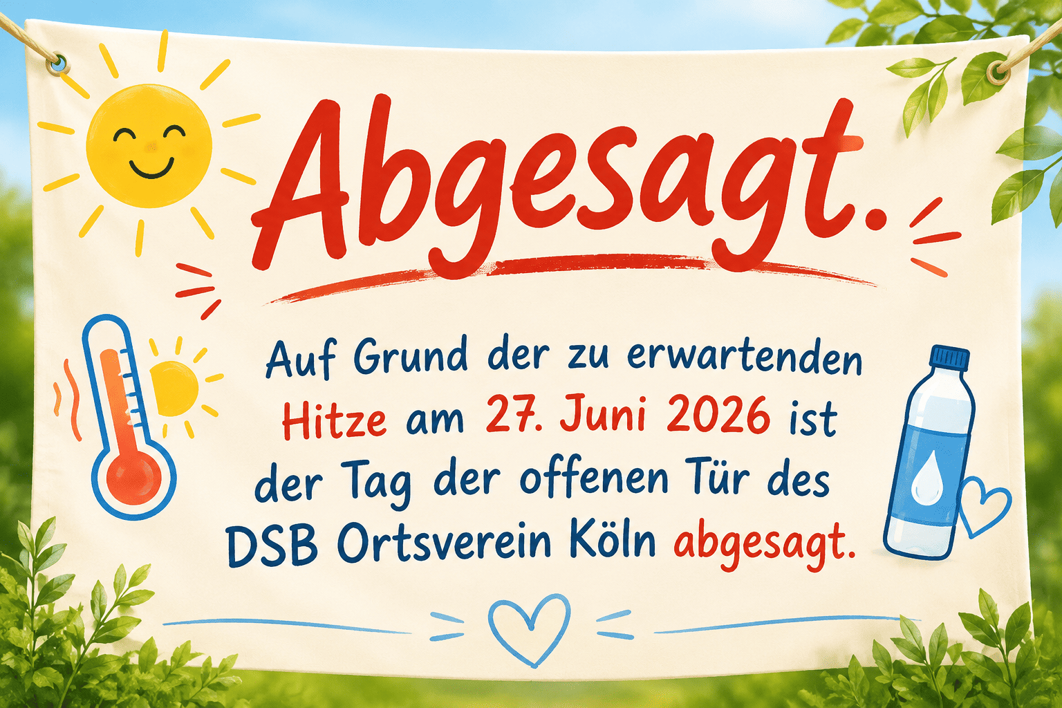 Plakat mit der Aufschrift 'Abgesagt. Auf Grund der zu erwartenden Hitze am 27. Juni 2026 ist der Tag der offenen Tür des DSB Ortsverein Köln abgesagt.' mit einer Sonne, einem Thermometer und einer Wasserflasche als Illustrationen.