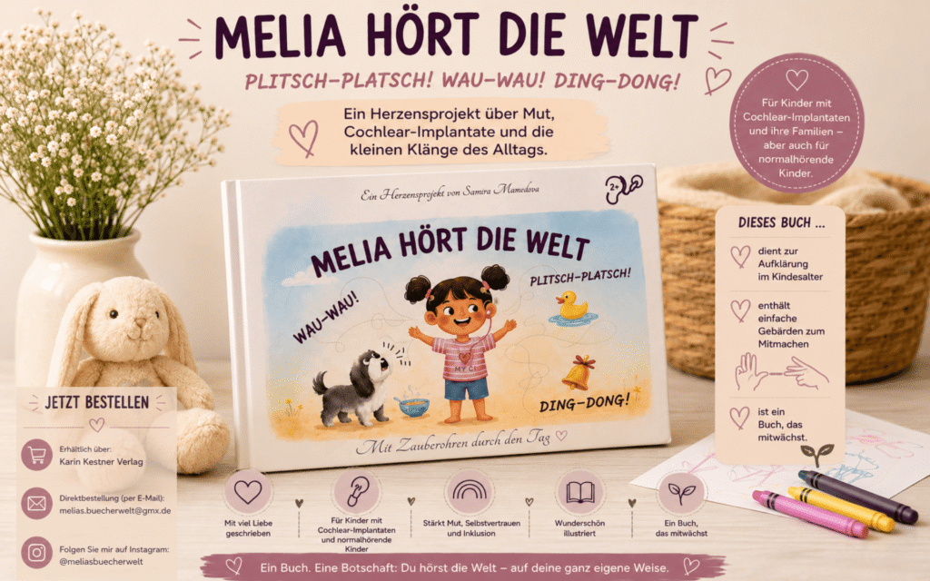 Im Mittelpunkt steht ein illustriertes Kinderbuch mit dem Titel 'Melia hört die Welt'. Das Cover zeigt ein lachendes Kind mit dunklen Haaren, das zwischen einem Hund und einer Katze steht. Um das Kind sind gezeichnete Geräusche wie 'WAU-WAU!', 'PLITSCH-PLATSCH!' und 'DING-DONG!' angeordnet. Das Buch liegt auf einem hellen Untergrund, umgeben von Infotafeln und Textfeldern in Rosa- und Beigetönen. Links unten befindet sich ein Button mit der Aufschrift 'JETZT BESTELLEN', daneben Verlagsinformationen. Rechts oben und rechts unten stehen Hinweise, dass das Buch für Kinder mit Cochlea-Implantaten und deren Familien geeignet ist. Mehrere Herzen und grafische Elemente lockern das Layout auf.