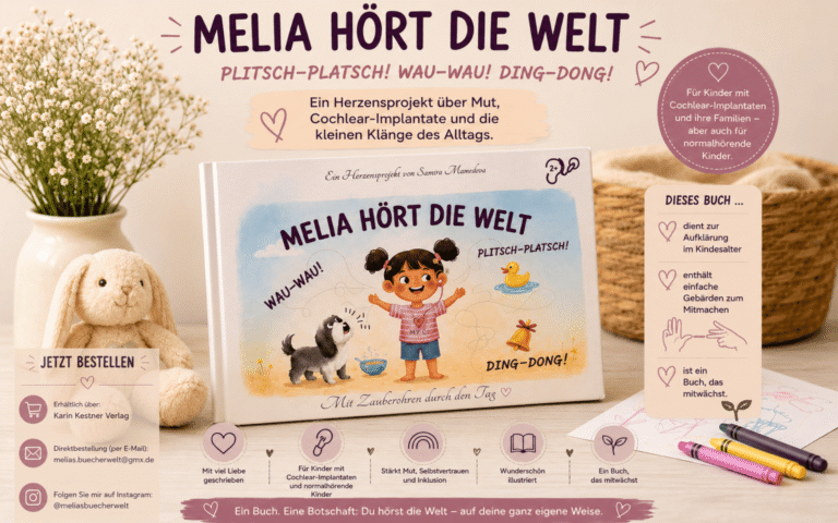 Im Mittelpunkt steht ein illustriertes Kinderbuch mit dem Titel 'Melia hört die Welt'. Das Cover zeigt ein lachendes Kind mit dunklen Haaren, das zwischen einem Hund und einer Katze steht. Um das Kind sind gezeichnete Geräusche wie 'WAU-WAU!', 'PLITSCH-PLATSCH!' und 'DING-DONG!' angeordnet. Das Buch liegt auf einem hellen Untergrund, umgeben von Infotafeln und Textfeldern in Rosa- und Beigetönen. Links unten befindet sich ein Button mit der Aufschrift 'JETZT BESTELLEN', daneben Verlagsinformationen. Rechts oben und rechts unten stehen Hinweise, dass das Buch für Kinder mit Cochlea-Implantaten und deren Familien geeignet ist. Mehrere Herzen und grafische Elemente lockern das Layout auf.