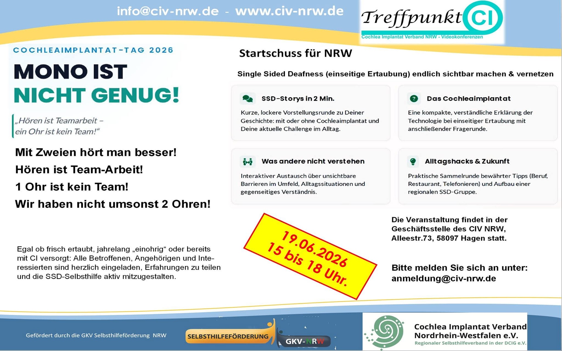 Informationsflyer zum Cochlea-Implantat-Tag 2026 mit Veranstaltungshinweisen, Kontaktinformationen und Programmpunkten in klar strukturierter Textform.