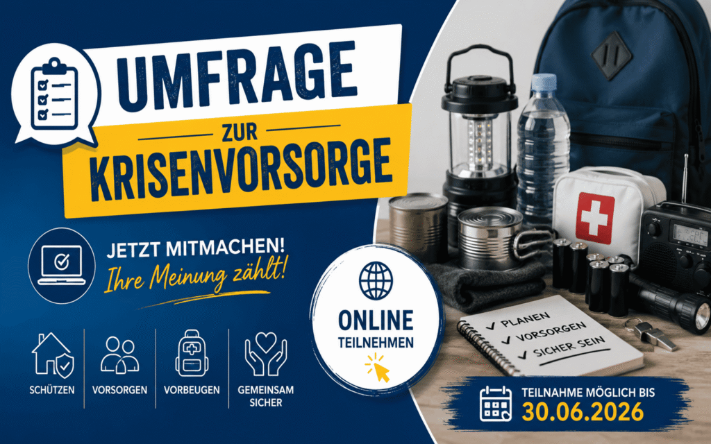 Auf einem Tisch liegen ein Rucksack, eine Taschenlampe, Konservendosen, eine Wasserflasche, ein Erste-Hilfe-Set und ein Radio neben einem Plakat mit der Aufschrift 'Umfrage zur Krisenvorsorge' und Hinweisen zur Online-Teilnahme bis 30.06.2026.
