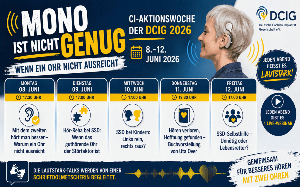 Plakat zur CI-Aktionswoche der DCIG 2026 mit Veranstaltungsterminen und Themen zu Hörproblemen und Selbsthilfe.