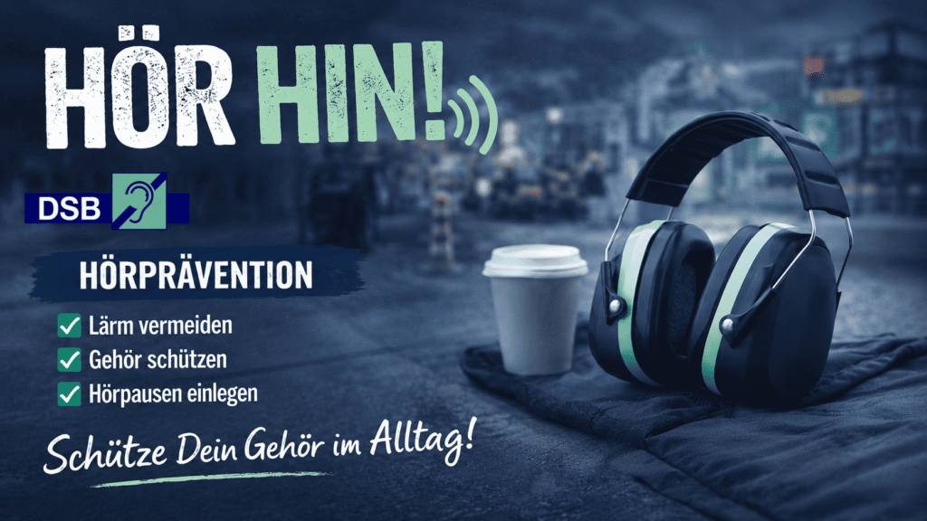Große Kopfhörer neben einem Pappbecher auf einem Tisch vor unscharfem Straßenhintergrund mit dem Text 'HÖR HIN!' und Hinweisen zur Hörprävention.