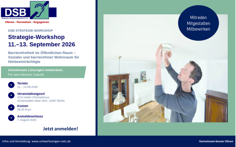 Banner für einen Strategie-Workshop des DSB mit Termindaten und einem Mann, der eine weiße Deckenleuchte anbringt, daneben drei blaue Textfelder mit Stichpunkten zu Höranlagen, Kommunikation und barrierefreiem Wohnraum.