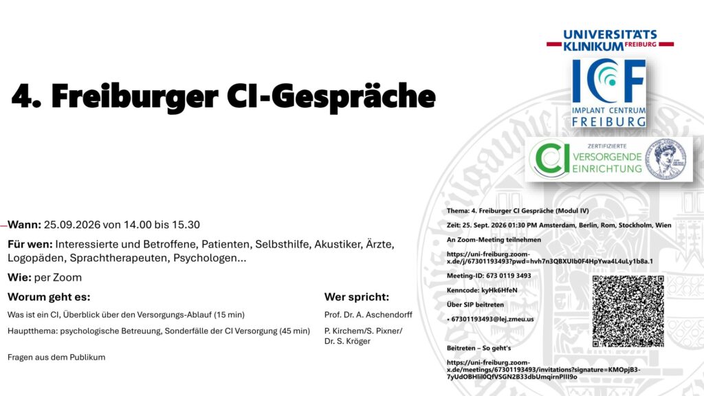 Zentral platzierter Text mit roter und schwarzer Schrift auf weißem Hintergrund. Oben links steht in großer roter Schrift: 'Save the date: 17.07.2026', darunter eine E-Mail-Adresse. Rechts oben befinden sich drei Logos: das Logo des Universitätsklinikums Freiburg, das Logo des Implant Centrums Freiburg und das Logo der Versorgenden Einrichtung. Darunter steht in großer schwarzer Schrift: '3. Freiburger CI Gespräche'. Es folgen Informationen zu Datum, Uhrzeit, Zielgruppe und Themen der Veranstaltung. Rechts unten befindet sich ein QR-Code. Im Hintergrund ist ein graues, halbtransparentes Siegel zu erkennen.